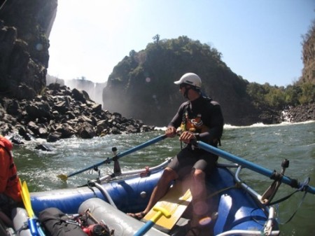 Bob in the spray of the Victoria Falls about to start the raft trip