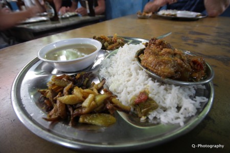 A delicious Dahl Bhat from Chatara, when you get off the Sun Kosi or Tamur.