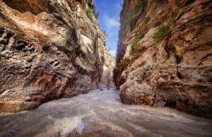 rafting through a deep gorge on the Ahansel River