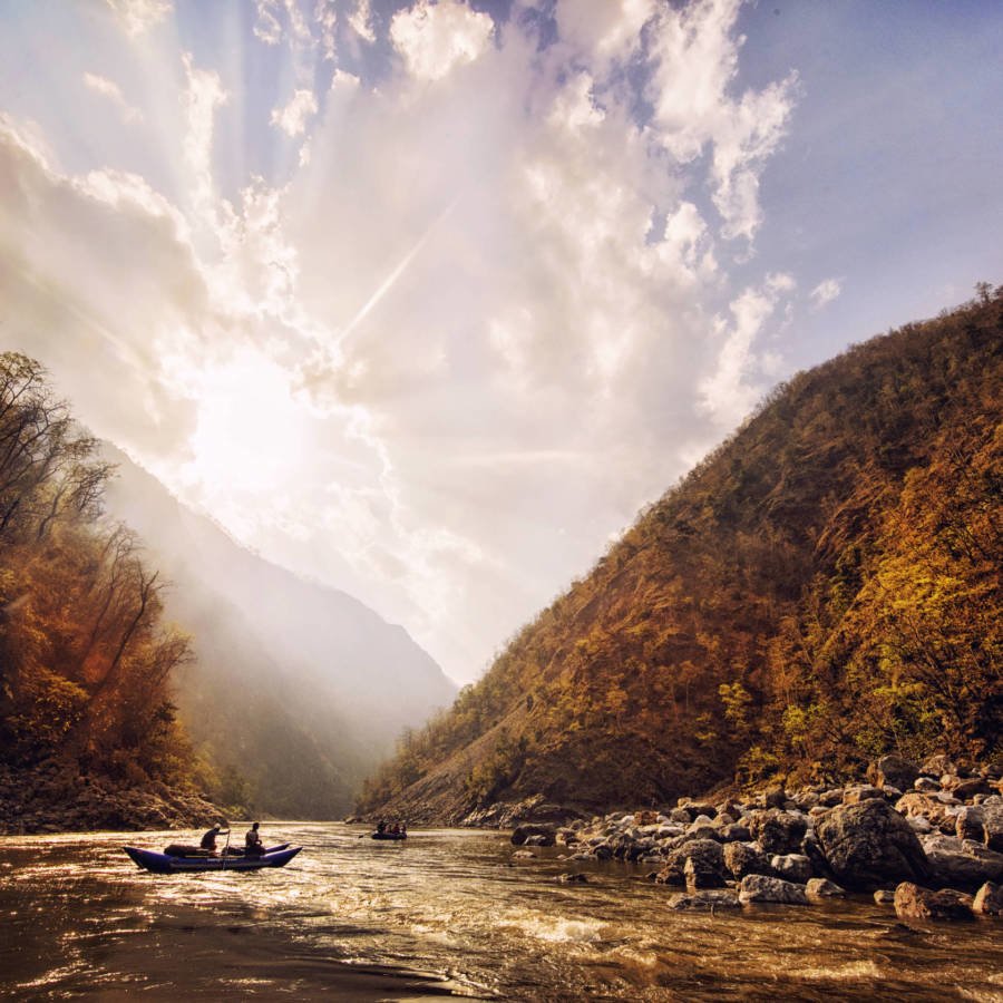 Image of sunset with raft on Karnali River in Nepal