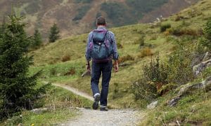 Man hiking, seen from behind in a hillside area